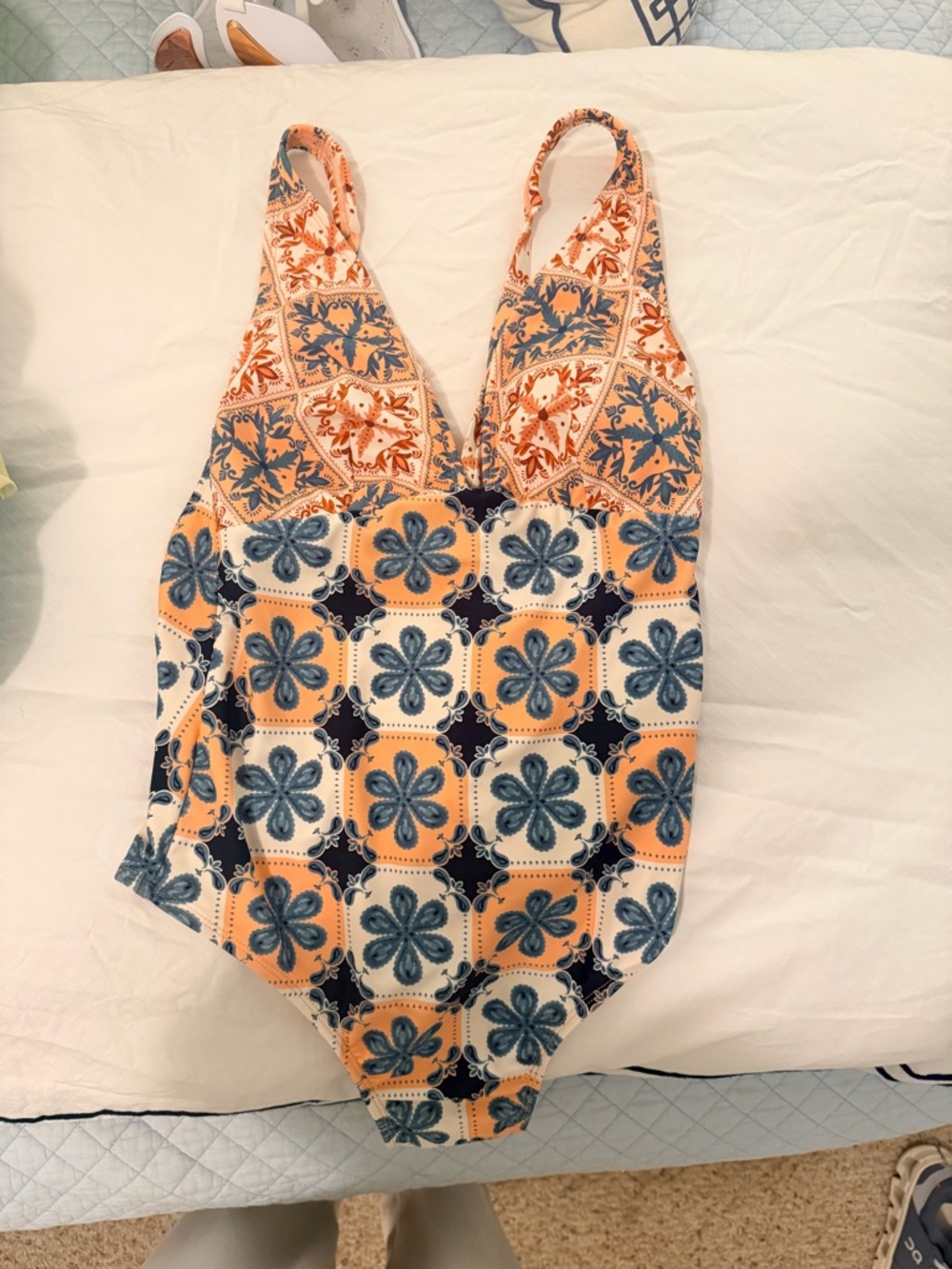 Agua by Agua Bendita Floral Tile One-Piece Swimsuit in Peach, Navy, Ivory